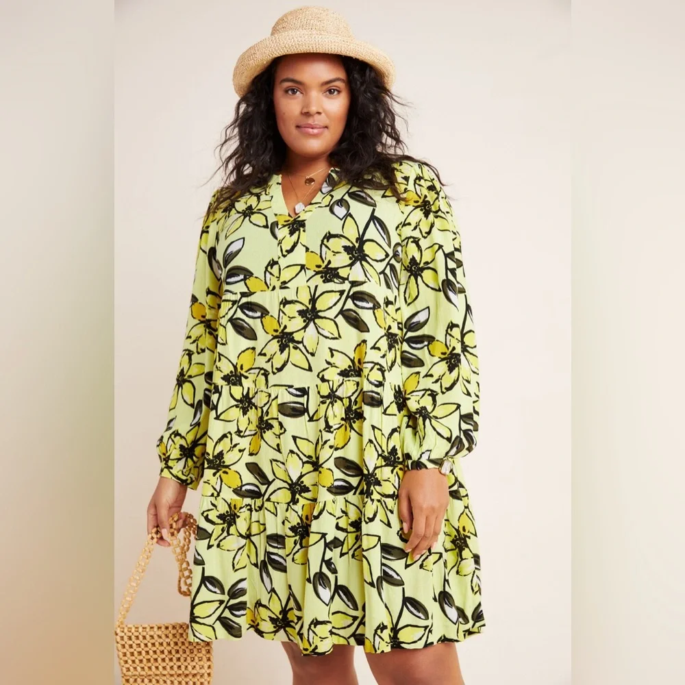 Anthro Maeve Yellow Floral Amber Tiered Tunic Dress, Size M - Picture 13 of 16